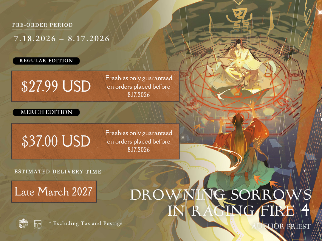 Promotional graphic for the book 'Drowning Sorrows in Raging Fire 4' by Author Priest, showing stylized cover art with a seated figure in white robes inside a red circular magical diagram, plus pricing and order information for pre-order and merch editions.