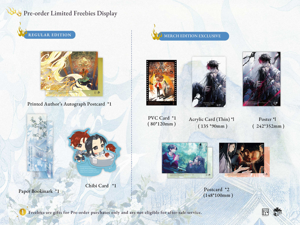 A product information sheet for a limited freebies display, showing contents for both Regular Edition and Merch Edition Exclusive. The items include printed author autographs, PVC cards, acrylic cards, posters, a paper bookmark, and chibi cards, all displayed on a light blue patterned background.